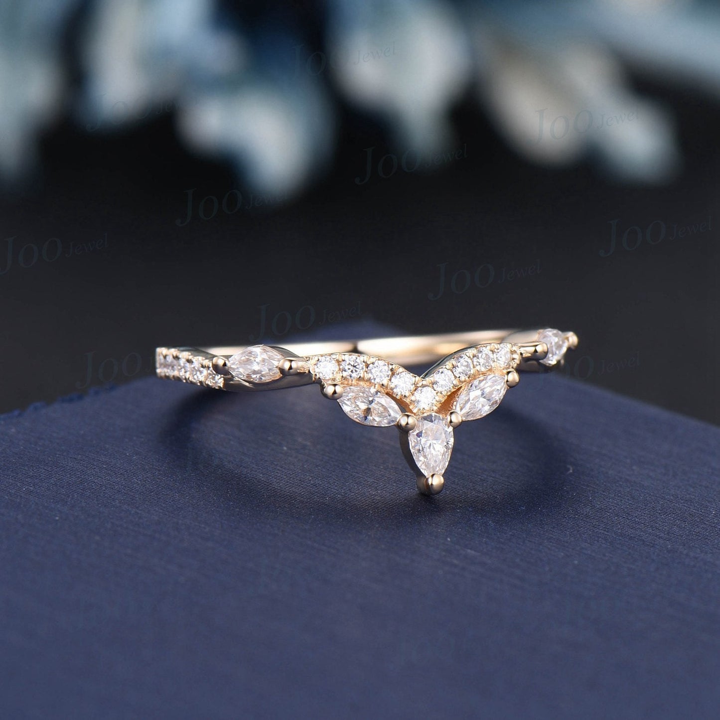 Marquise and Pear Cut Moissanite Wedding Band Curved Dainty Rose Gold Stacking Band Moissanite Anniversary Band Vintage Leaf Wedding Ring