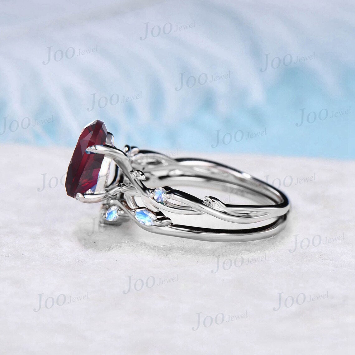 1.25ct Nature Inspired Ruby and Moonstone Bridal Set Sterling Silver Twig Vine Teardrop Ruby Ring Set July Birthstone Jewelry Wedding Gifts