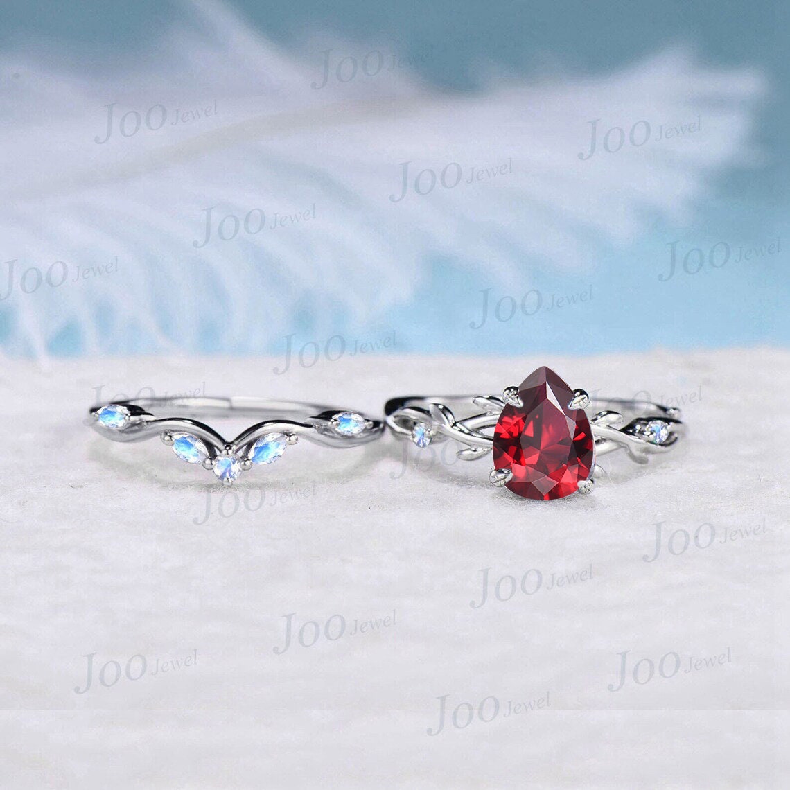 1.25ct Nature Inspired Ruby and Moonstone Bridal Set Sterling Silver Twig Vine Teardrop Ruby Ring Set July Birthstone Jewelry Wedding Gifts