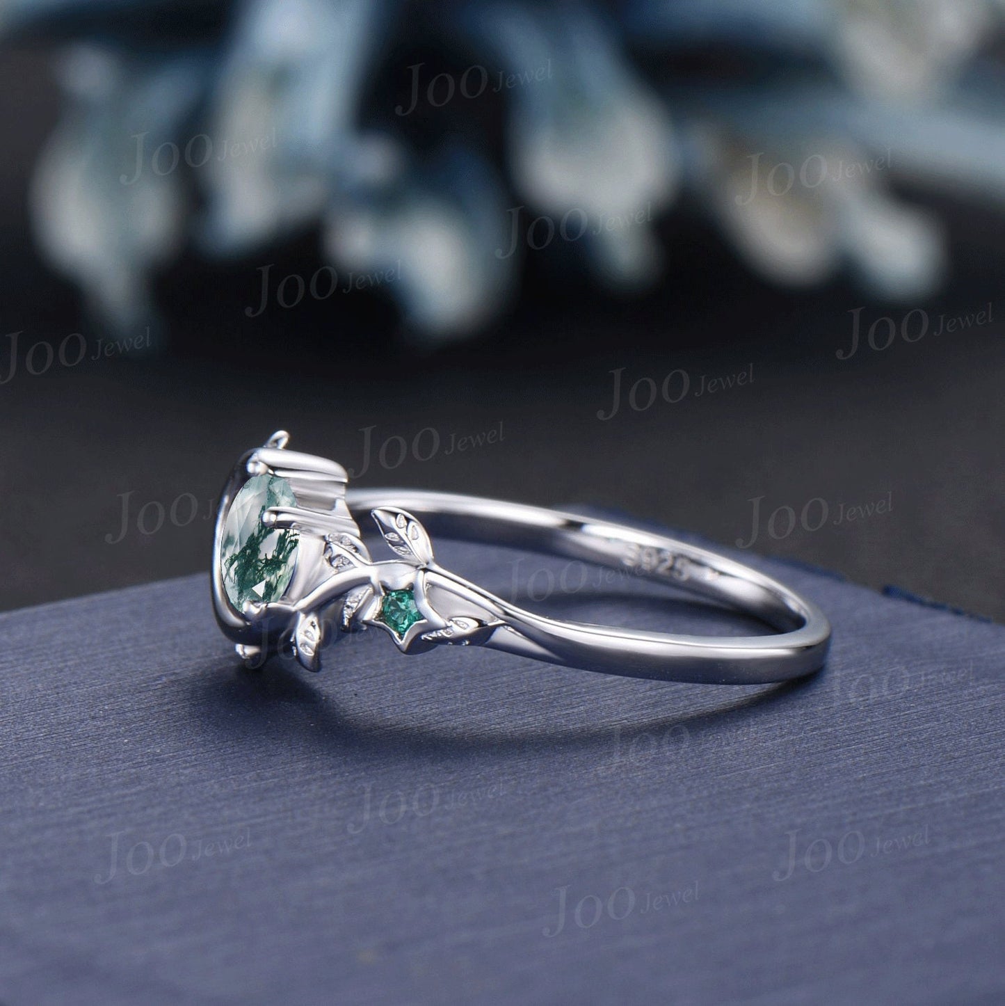 Nature Inspired Natural Moss Agate Ring Moon Star Design Vintage 5mm Round Moss Agate Engagement Ring Leaf Green Emerald Dainty Wedding Ring