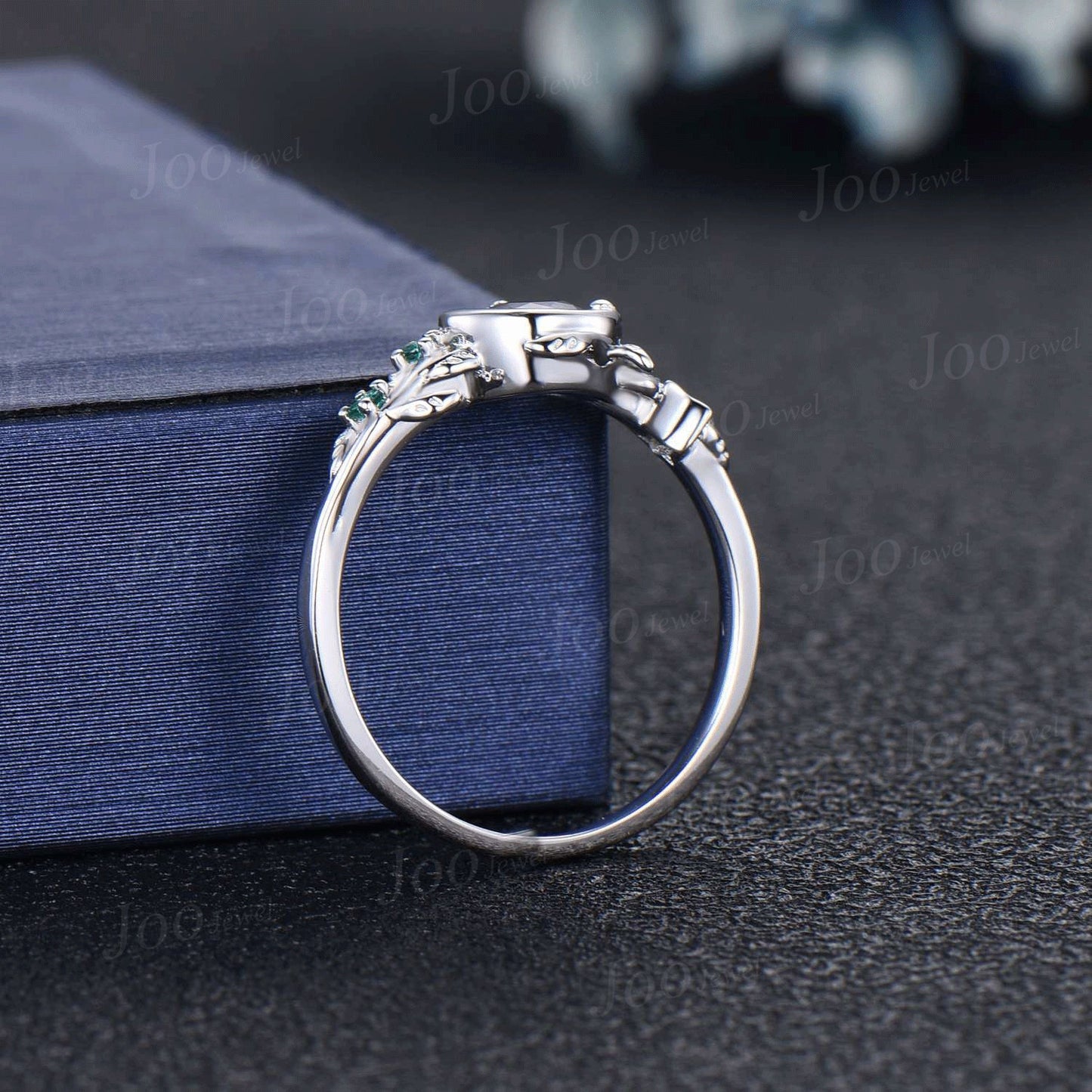 Nature Inspired Natural Moss Agate Ring Moon Star Design Vintage 5mm Round Moss Agate Engagement Ring Leaf Green Emerald Dainty Wedding Ring