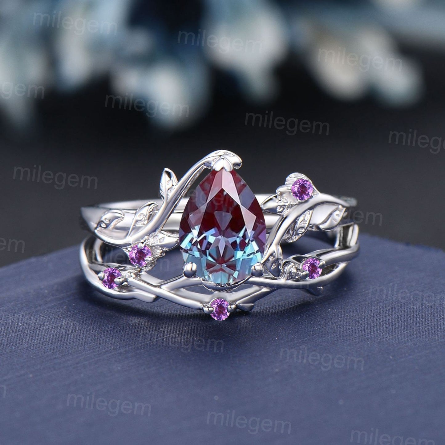 1.25ct Pear Shaped Alexandrite Ring Nature Inspired Alexandrite Promise Ring Leaf Vine Ring Set Twig Amethyst Ring Unique Anniversary Gifts