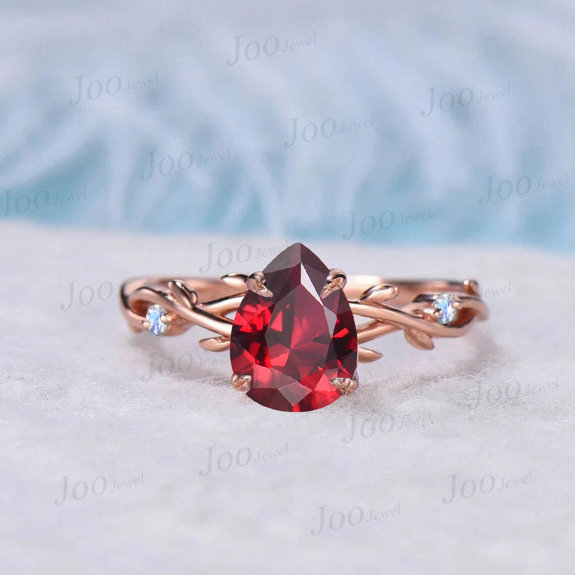 1.25ct Nature Inspired Ruby and Moonstone Bridal Set Sterling Silver Twig Vine Teardrop Ruby Ring Set July Birthstone Jewelry Wedding Gifts
