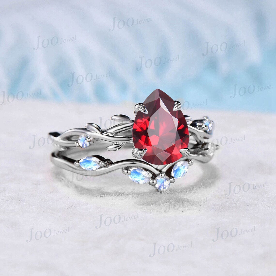 1.25ct Nature Inspired Ruby and Moonstone Bridal Set Sterling Silver Twig Vine Teardrop Ruby Ring Set July Birthstone Jewelry Wedding Gifts