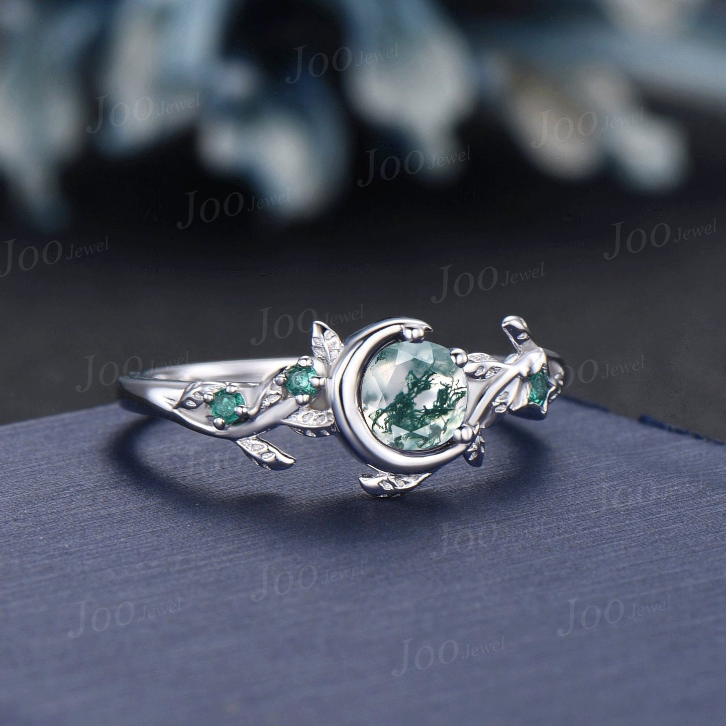 Nature Inspired Natural Moss Agate Ring Moon Star Design Vintage 5mm Round Moss Agate Engagement Ring Leaf Green Emerald Dainty Wedding Ring