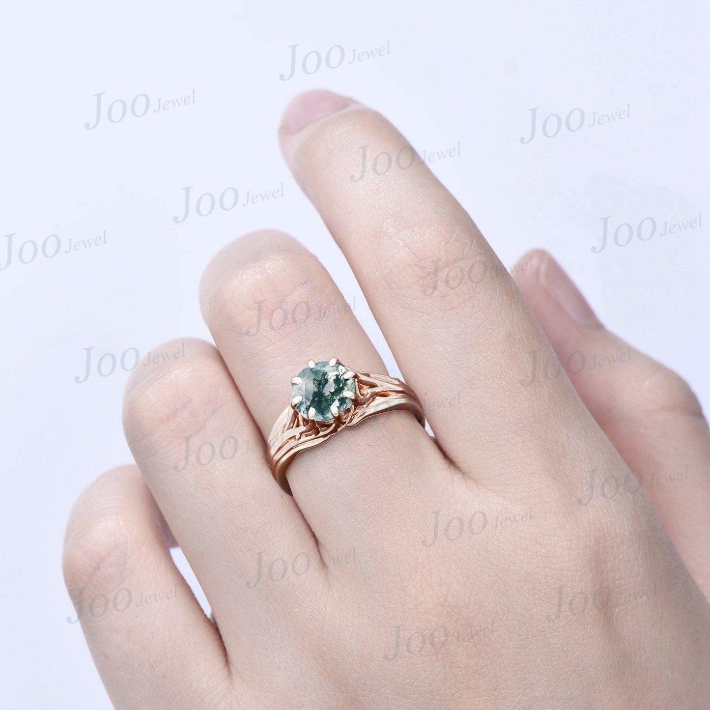 Tree Of Life Engagement Ring Round Cut Natural Green Moss Agate Solitaire Wedding Ring Unique Nature Inspired Jewelry Gift for Women/Family