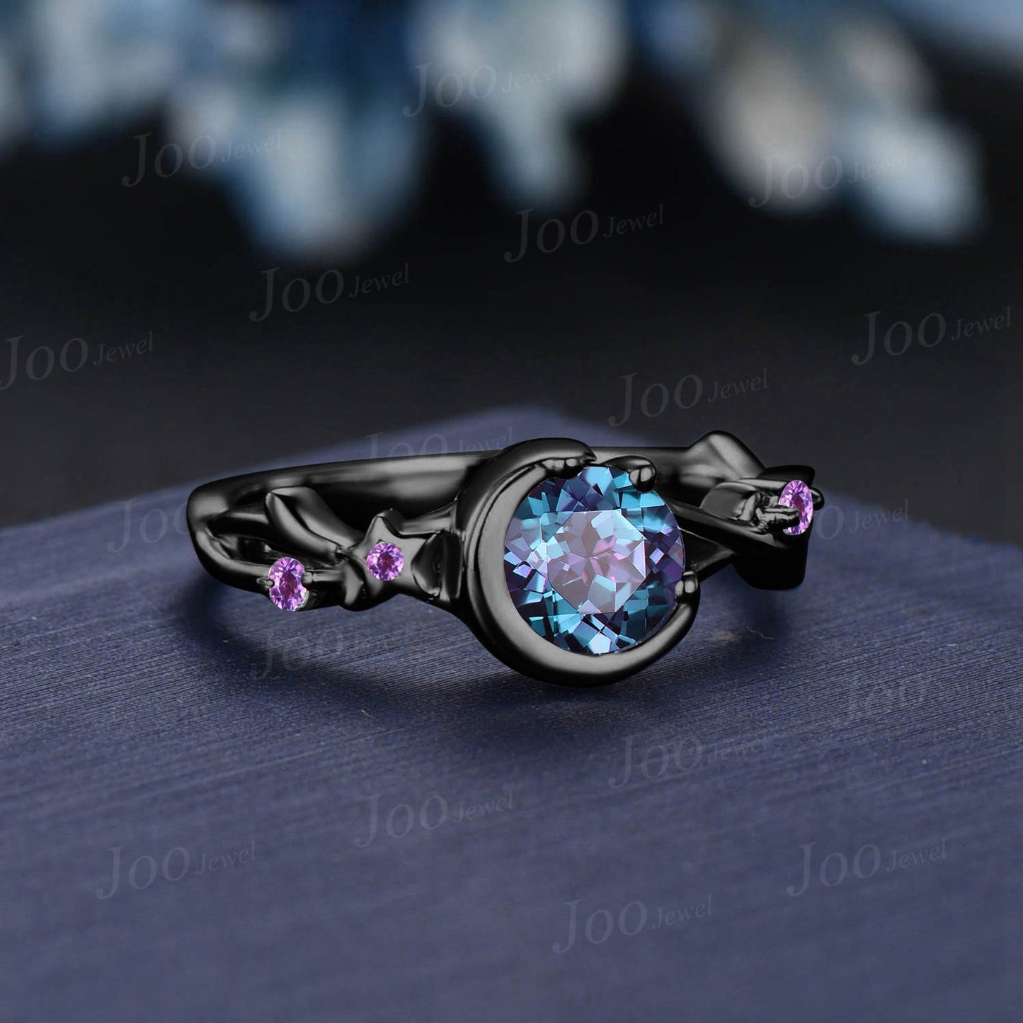 5mm Round Twig Vine Color-Change Alexandrite Wedding Ring 14K Black Gold Moon Star Design Cluster Amethyst Ring Celestial Moon Promise Ring