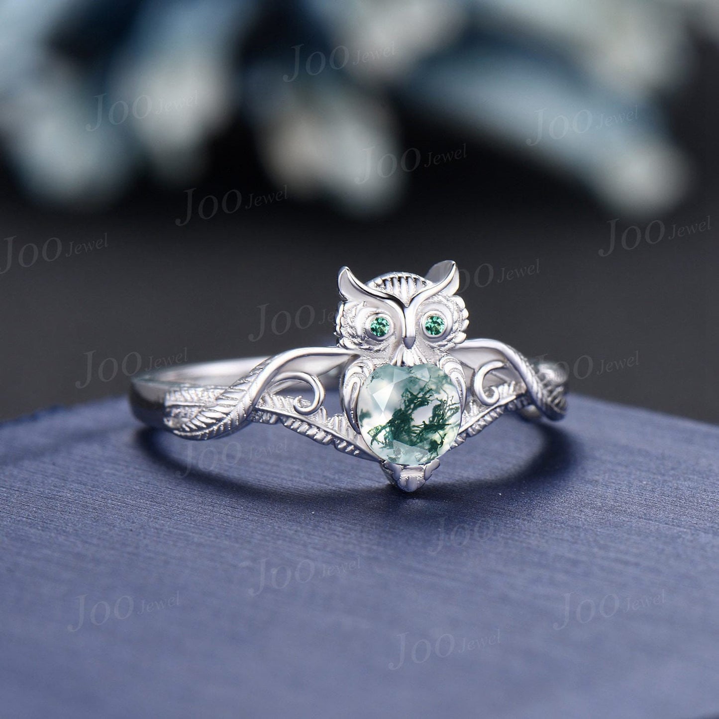 Unique Branch Twig Vine Owl Engagement Ring 5mm Round Natural Green Moss Agate Emerald Wedding Ring Cute Owl Antique Nature Inspired Jewelry