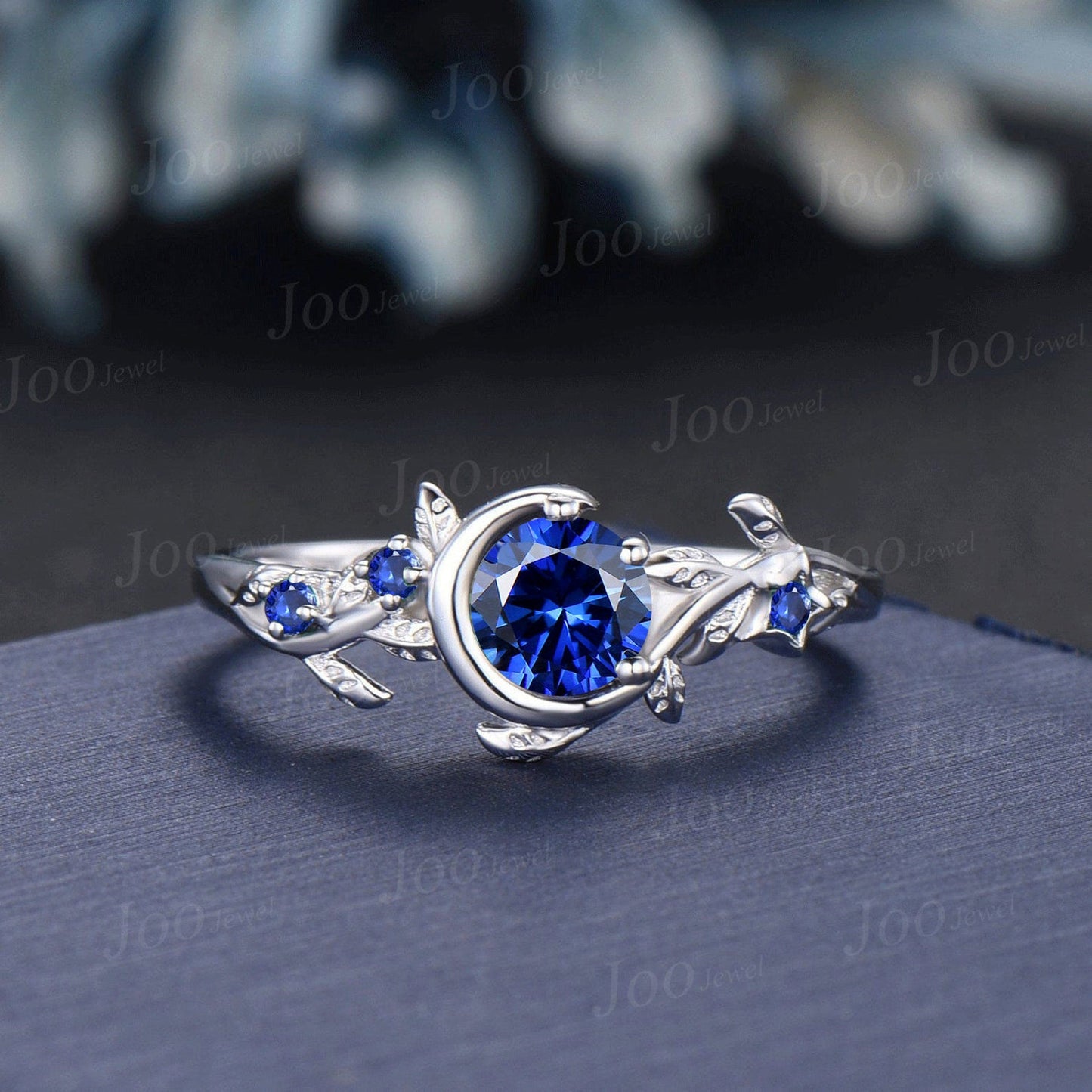 5mm Nature Inspired Natural Blue Sapphire Wedding Ring Vintage Moon Star Round Sapphire Engagement Ring September Birthstone Birthday Gift
