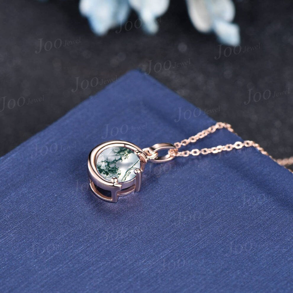 Dainty 6.5mm Round Natural Moss Agate Pendant Necklace Silver/14K Solid Gold Green Gemstone Wedding Necklace Unique Celestial Moon Jewelry