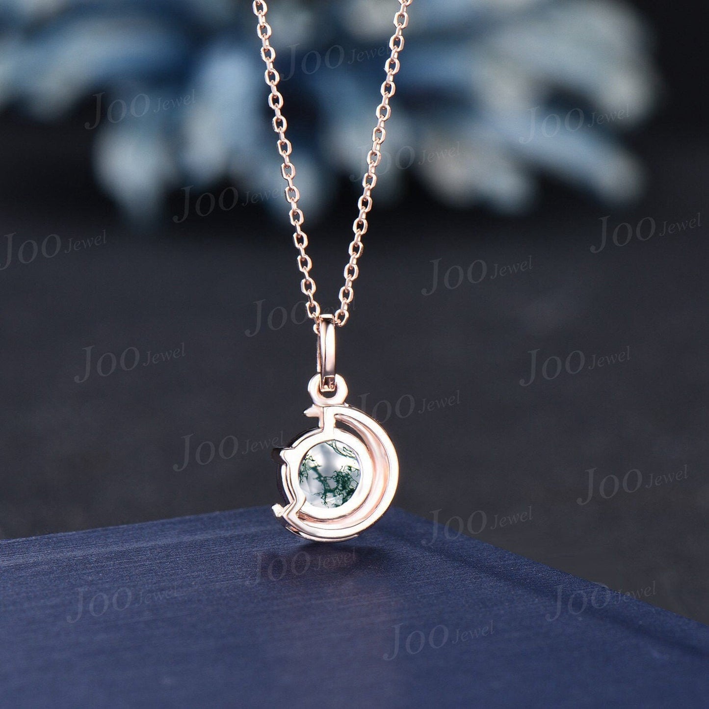 Dainty 6.5mm Round Natural Moss Agate Pendant Necklace Silver/14K Solid Gold Green Gemstone Wedding Necklace Unique Celestial Moon Jewelry