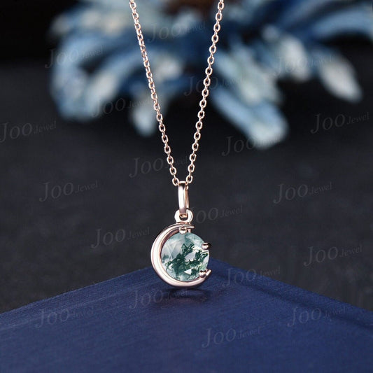 Dainty 6.5mm Round Natural Moss Agate Pendant Necklace Silver/14K Solid Gold Green Gemstone Wedding Necklace Unique Celestial Moon Jewelry
