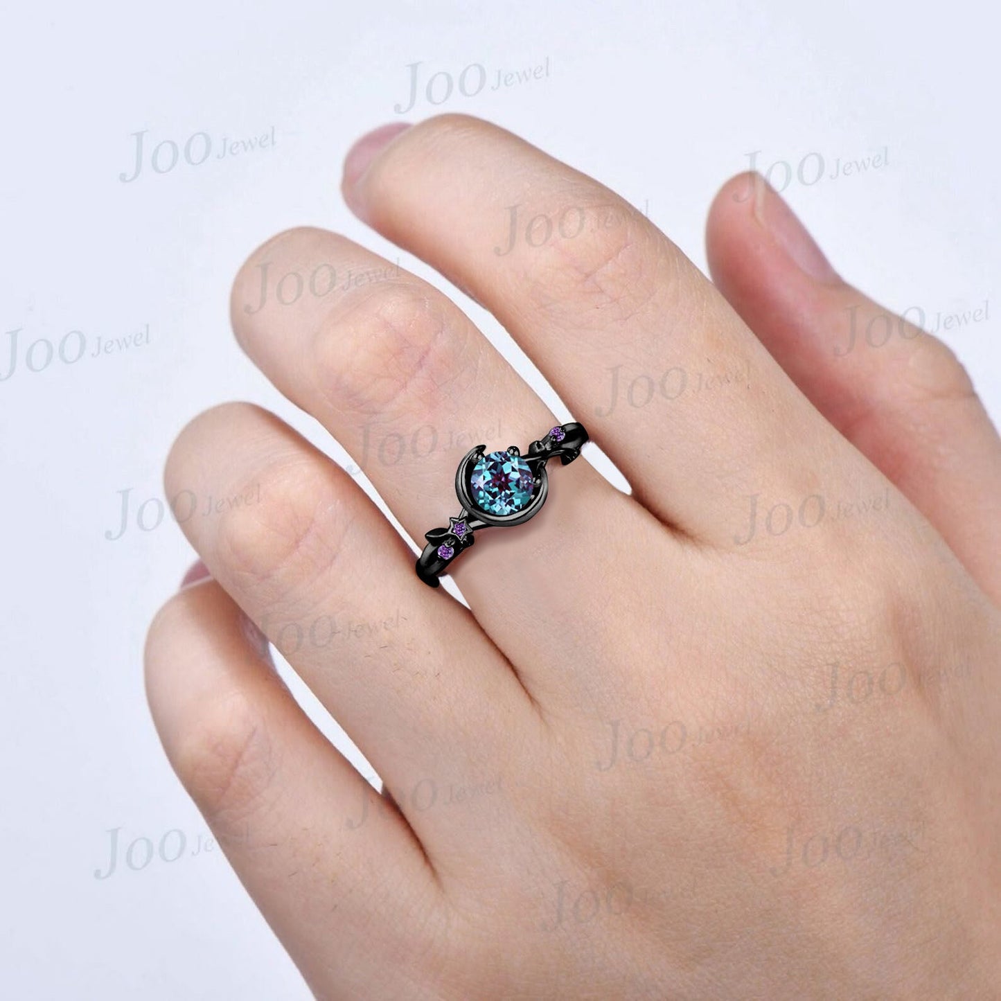 5mm Round Twig Vine Color-Change Alexandrite Wedding Ring 14K Black Gold Moon Star Design Cluster Amethyst Ring Celestial Moon Promise Ring
