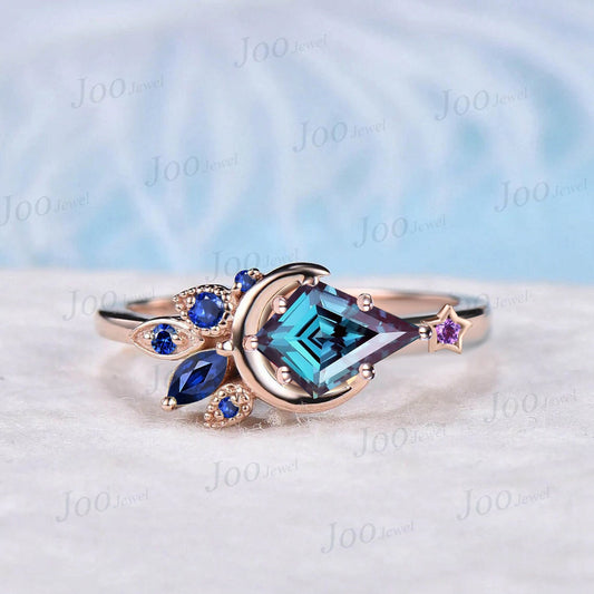 Kite Cut Color-Change Alexandrite Engagement Ring Moon Wedding Ring Cluster Blue Sapphire Amethyst Ring Unique Personalized Promise Rings