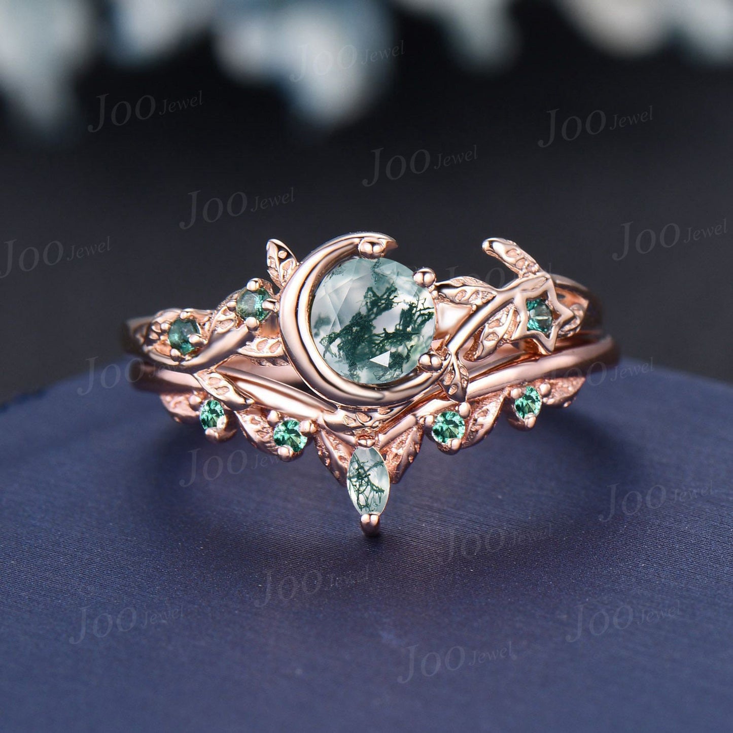 Nature Inspired Round Natural Green Moss Agate Emerald Bridal Ring Set Moon Star Antique Moss Agate Engagement Ring Leaf Branch Wedding Ring