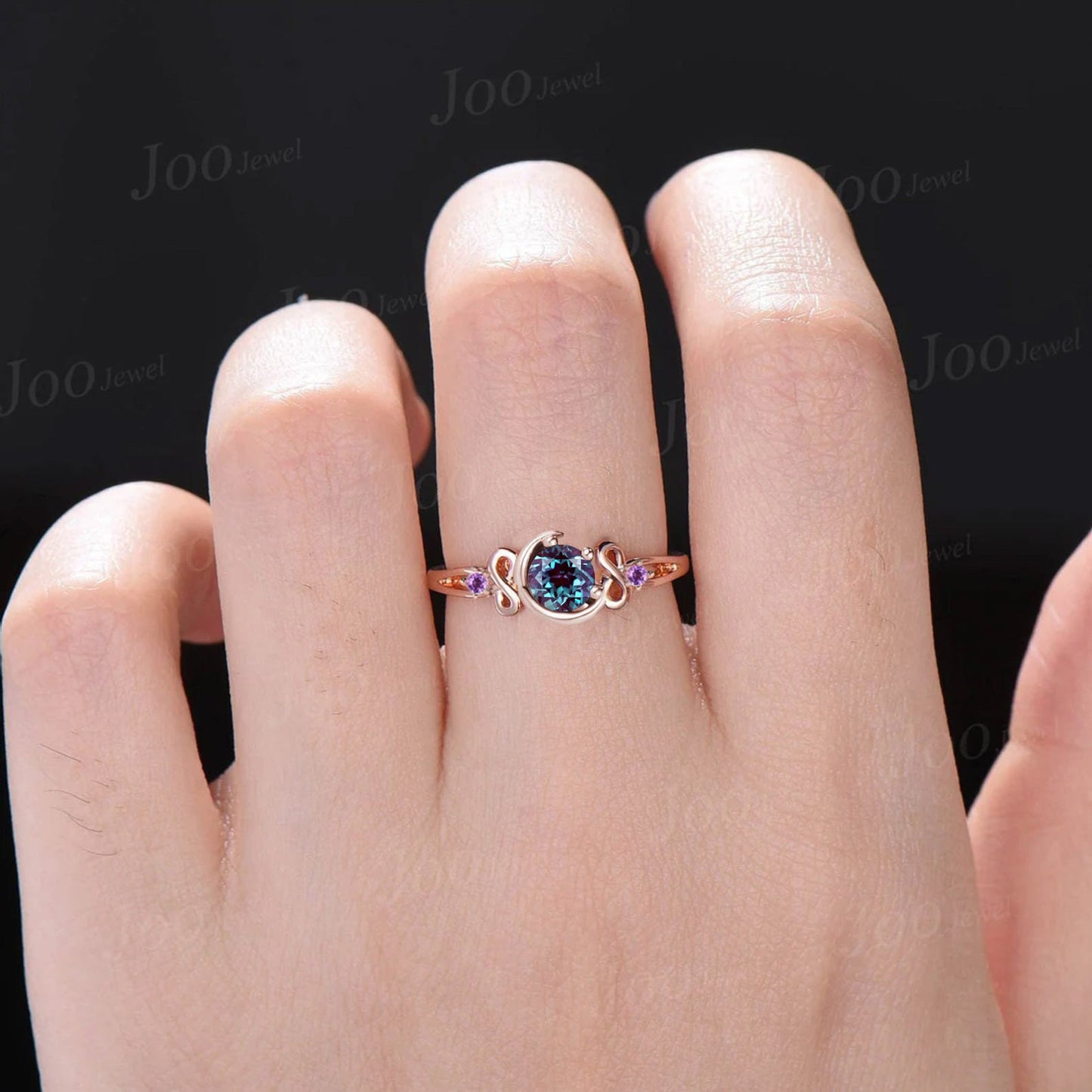 Unique Crescent Moon Engagement Ring 5mm Round Color-Change Alexandrite Amethyst Infinity Wedding Ring Split Shank Band Personalized Gifts
