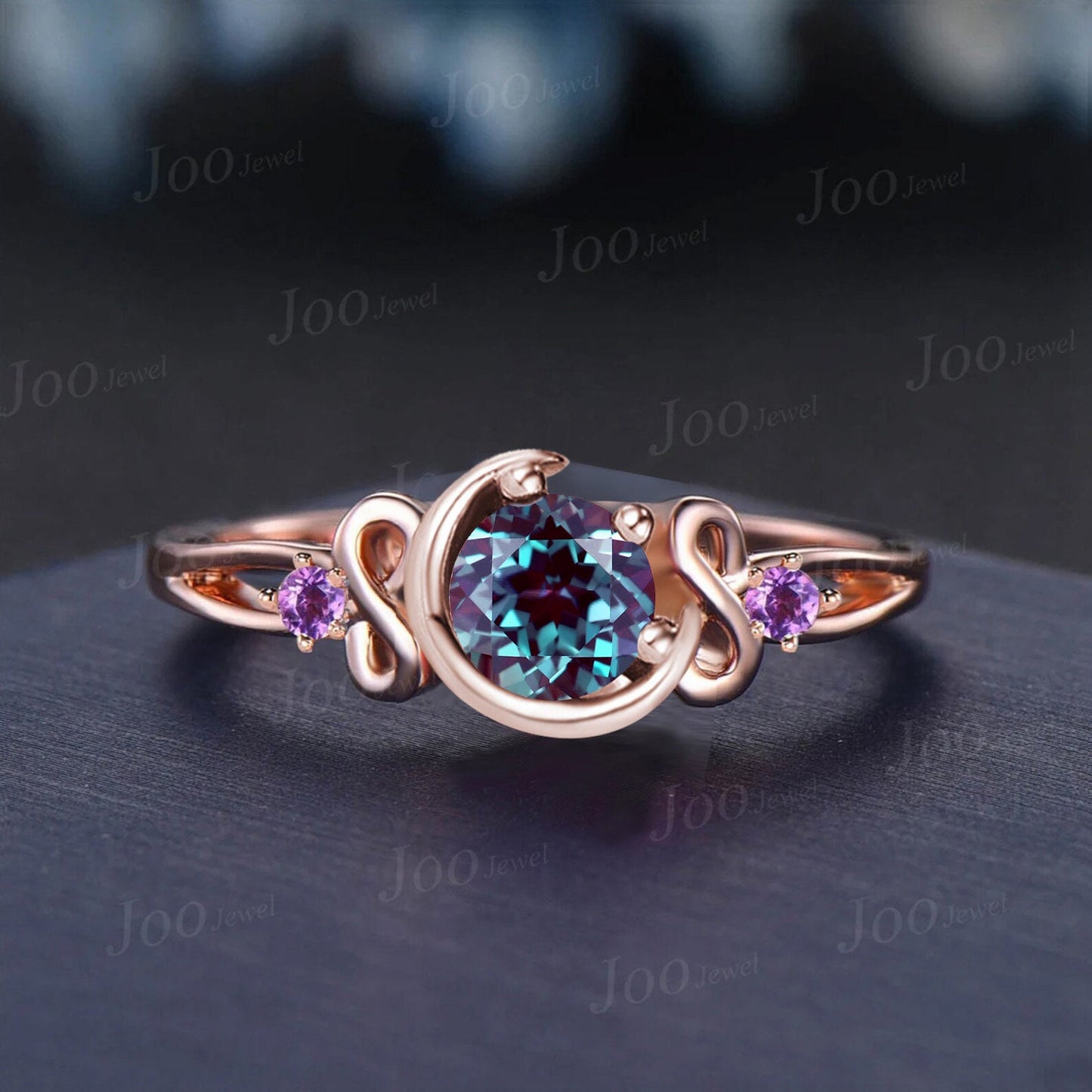 Unique Crescent Moon Engagement Ring 5mm Round Color-Change Alexandrite Amethyst Infinity Wedding Ring Split Shank Band Personalized Gifts