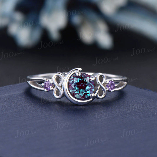 Unique Crescent Moon Engagement Ring 5mm Round Color-Change Alexandrite Amethyst Infinity Wedding Ring Split Shank Band Personalized Gifts