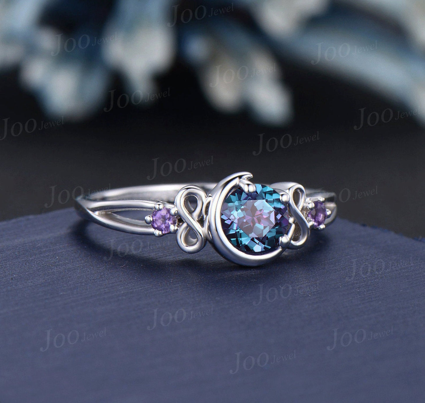 Unique Crescent Moon Engagement Ring 5mm Round Color-Change Alexandrite Amethyst Infinity Wedding Ring Split Shank Band Personalized Gifts
