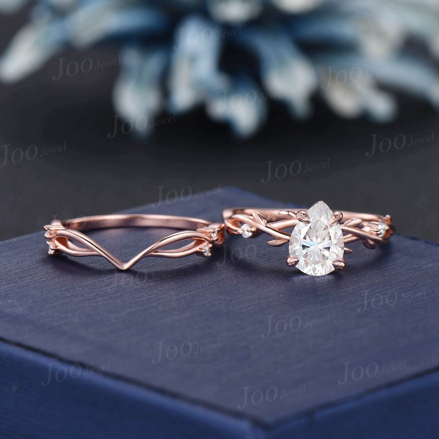Twig Vine Branch Moissanite Bridal Ring Vintage 1.25ct Pear Engagement Ring Set 14K Rose Gold Moissanite Diamond Twisted Wedding Ring Women