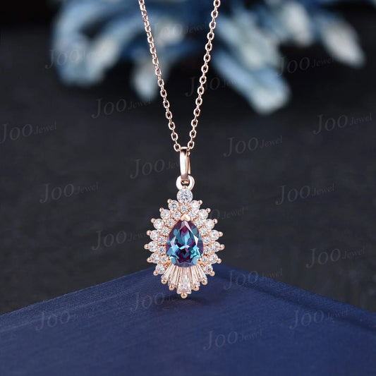 Luxury Pear Alexandrite Pendant Necklace 14K Gold June Birthstone Necklace Double Halo Moissanite Diamond Necklace Banquet Gemstone Jewelry