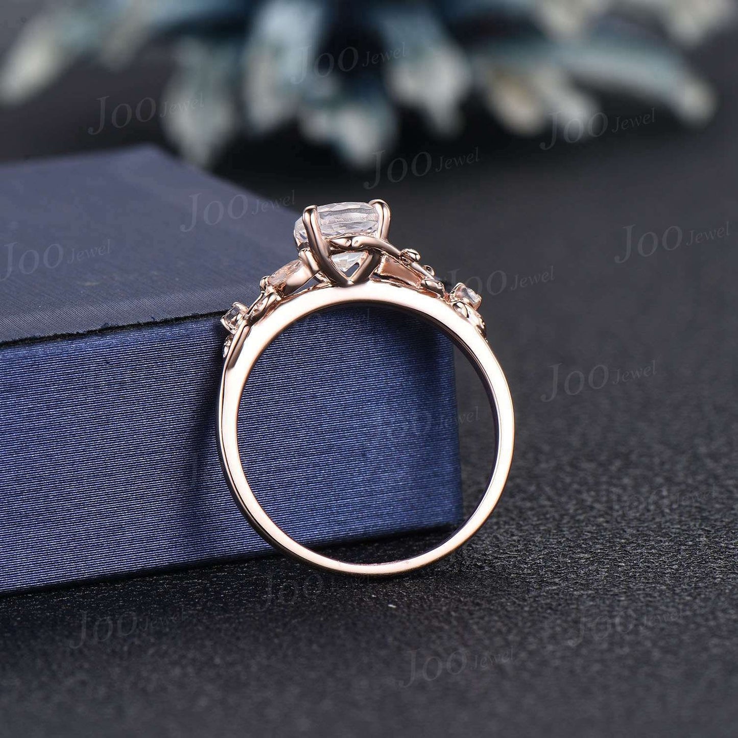 6.5mm Round Natural Moonstone Engagement Ring Silver Nature Inspired Moonstone Wedding Ring Cluster Leaf Twig Vine Ring June Birthstone Gift