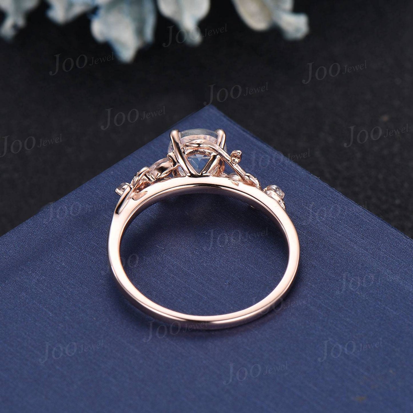6.5mm Round Natural Moonstone Engagement Ring Silver Nature Inspired Moonstone Wedding Ring Cluster Leaf Twig Vine Ring June Birthstone Gift