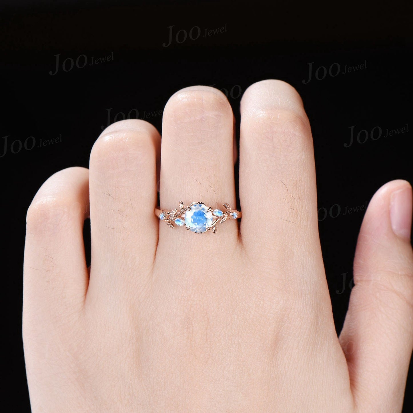 6.5mm Round Natural Moonstone Engagement Ring Silver Nature Inspired Moonstone Wedding Ring Cluster Leaf Twig Vine Ring June Birthstone Gift