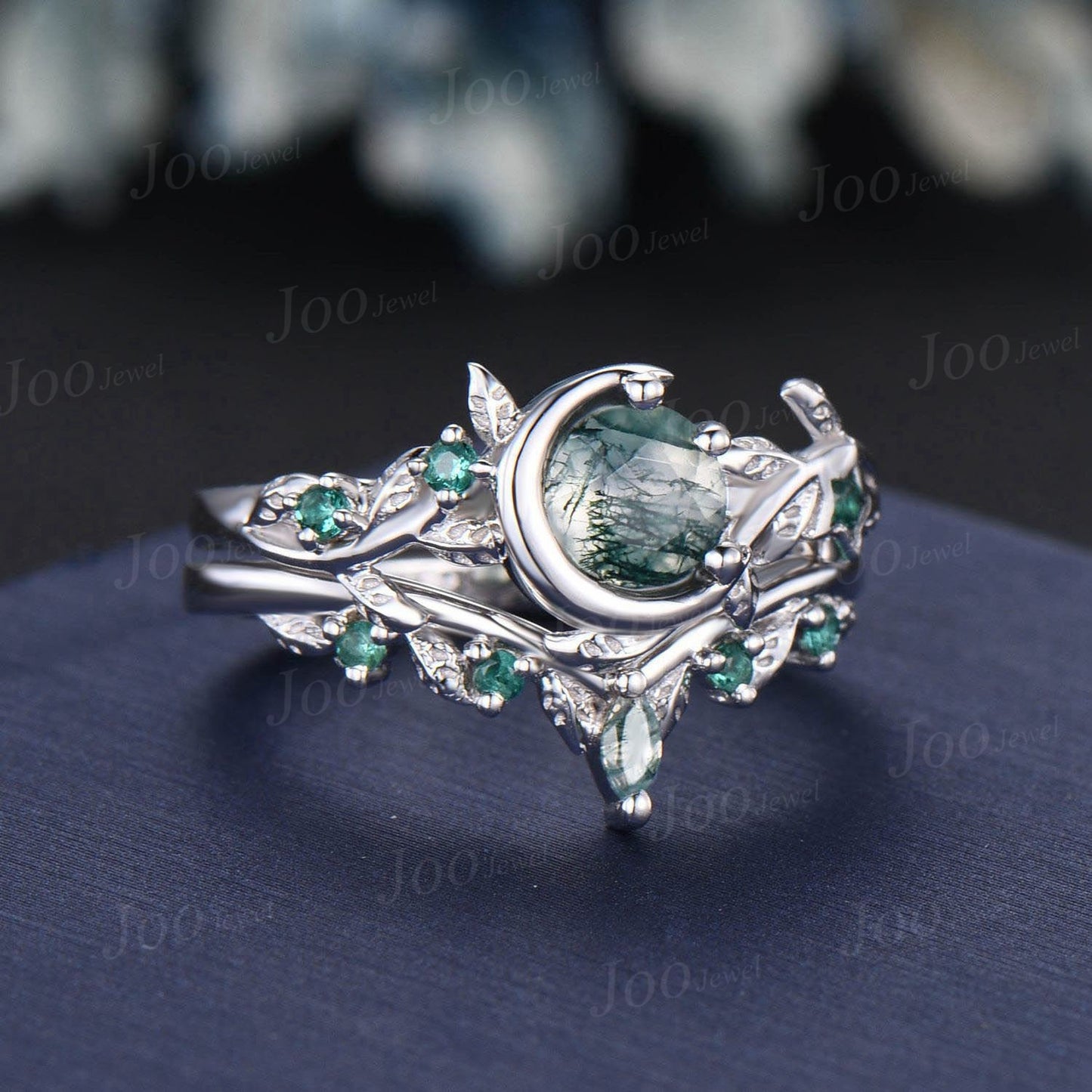 Nature Inspired Round Natural Green Moss Agate Emerald Bridal Ring Set Moon Star Antique Moss Agate Engagement Ring Leaf Branch Wedding Ring