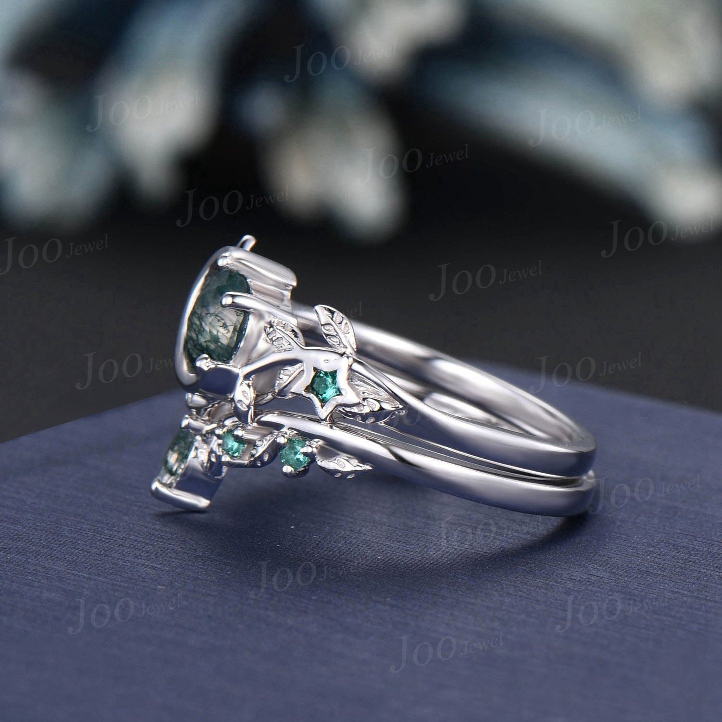 Nature Inspired Round Natural Green Moss Agate Emerald Bridal Ring Set Moon Star Antique Moss Agate Engagement Ring Leaf Branch Wedding Ring