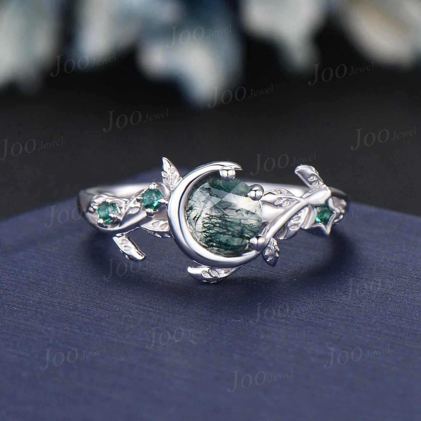 Nature Inspired Round Natural Green Moss Agate Emerald Bridal Ring Set Moon Star Antique Moss Agate Engagement Ring Leaf Branch Wedding Ring