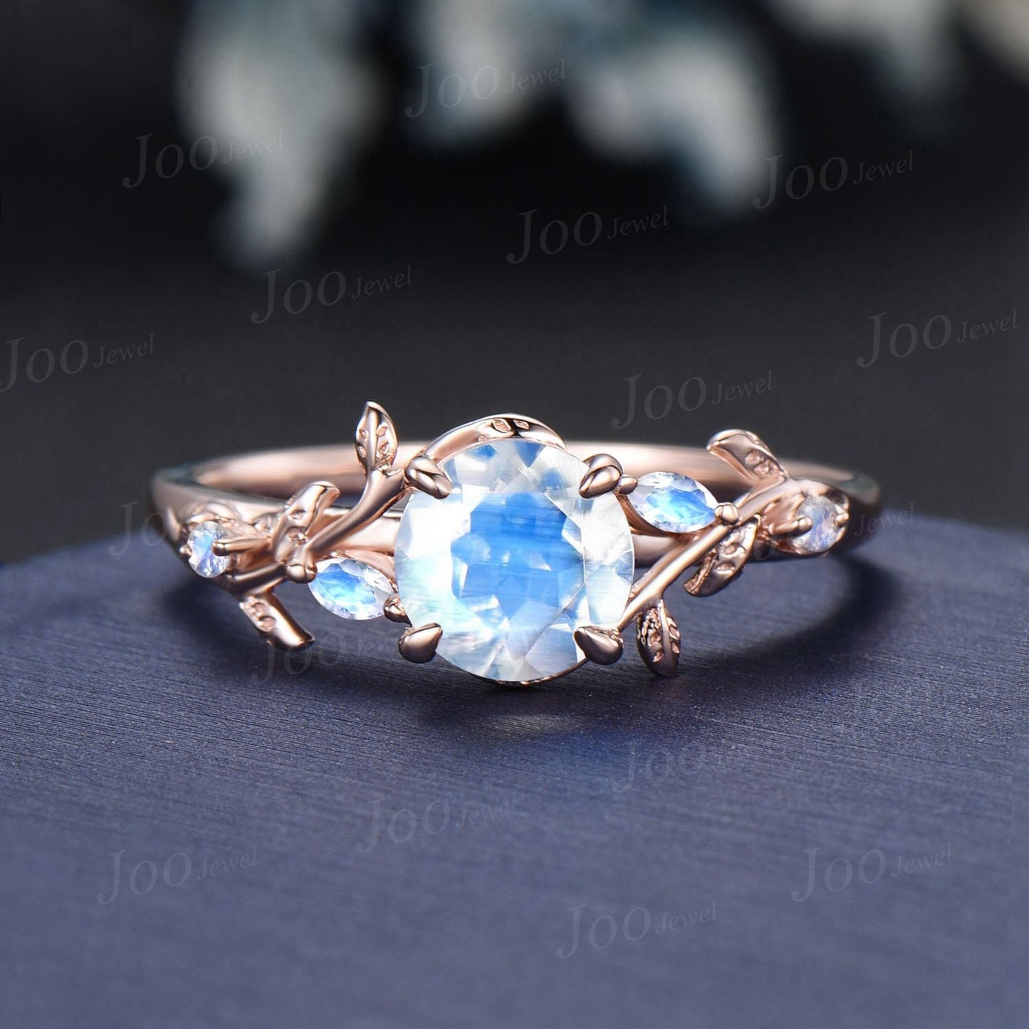 6.5mm Round Natural Moonstone Engagement Ring Silver Nature Inspired Moonstone Wedding Ring Cluster Leaf Twig Vine Ring June Birthstone Gift