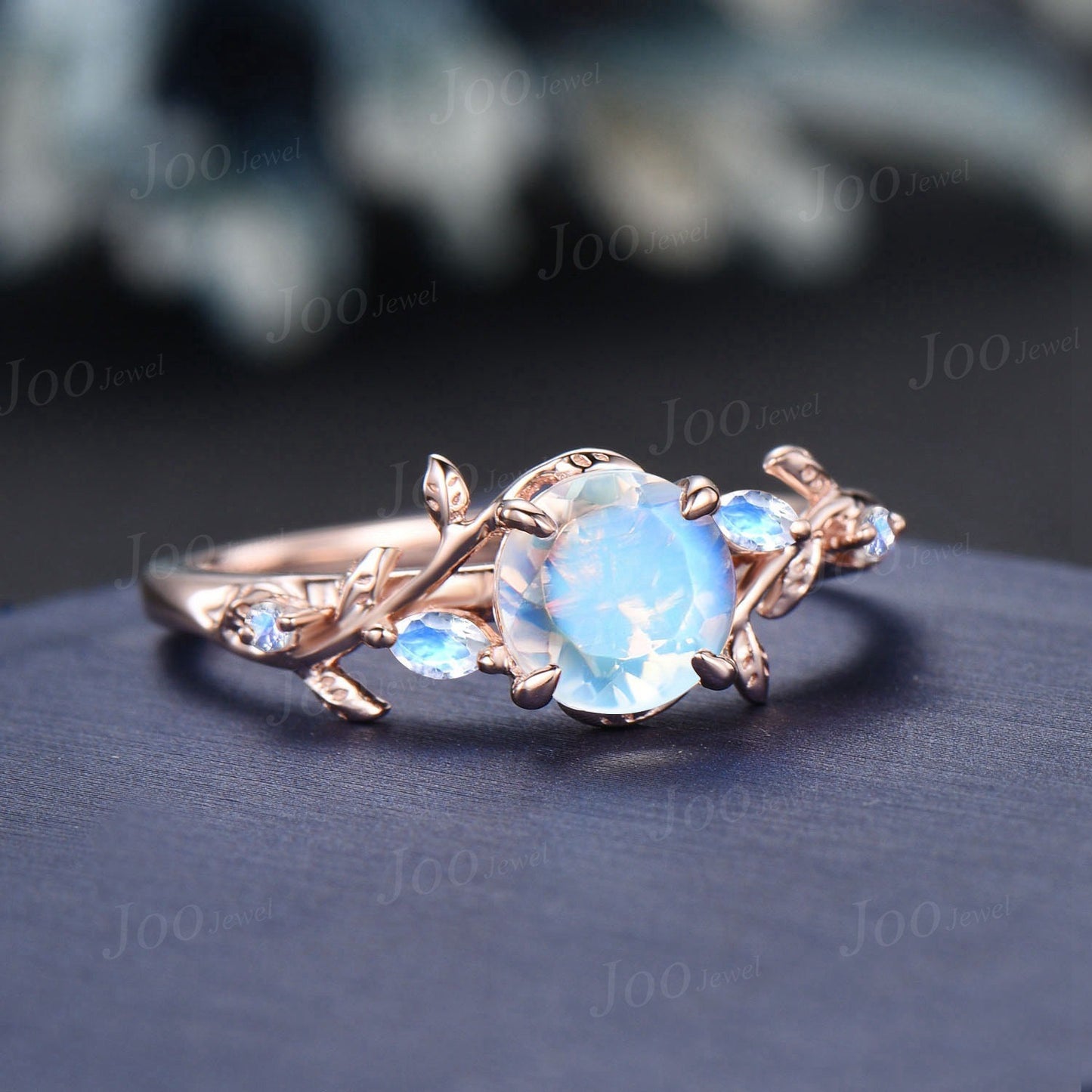 6.5mm Round Natural Moonstone Engagement Ring Silver Nature Inspired Moonstone Wedding Ring Cluster Leaf Twig Vine Ring June Birthstone Gift