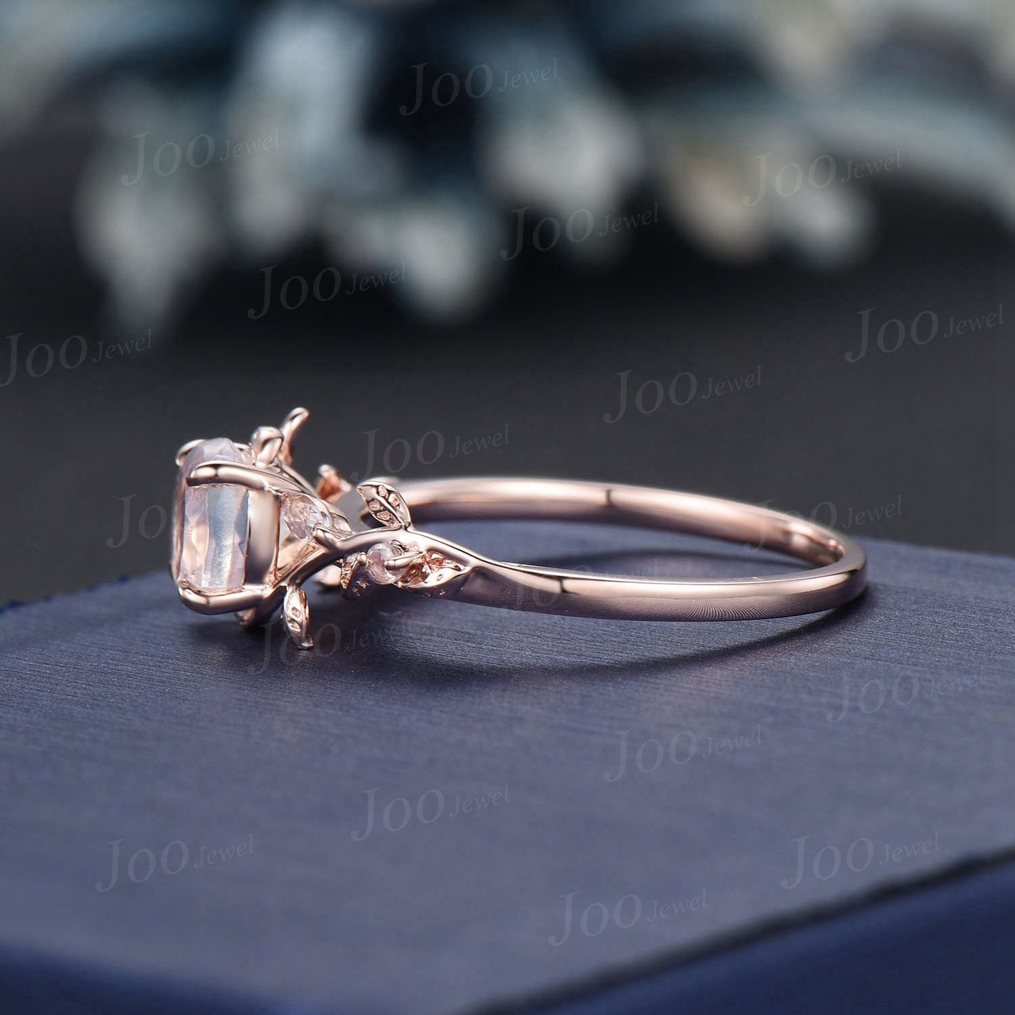 6.5mm Round Natural Moonstone Engagement Ring Silver Nature Inspired Moonstone Wedding Ring Cluster Leaf Twig Vine Ring June Birthstone Gift