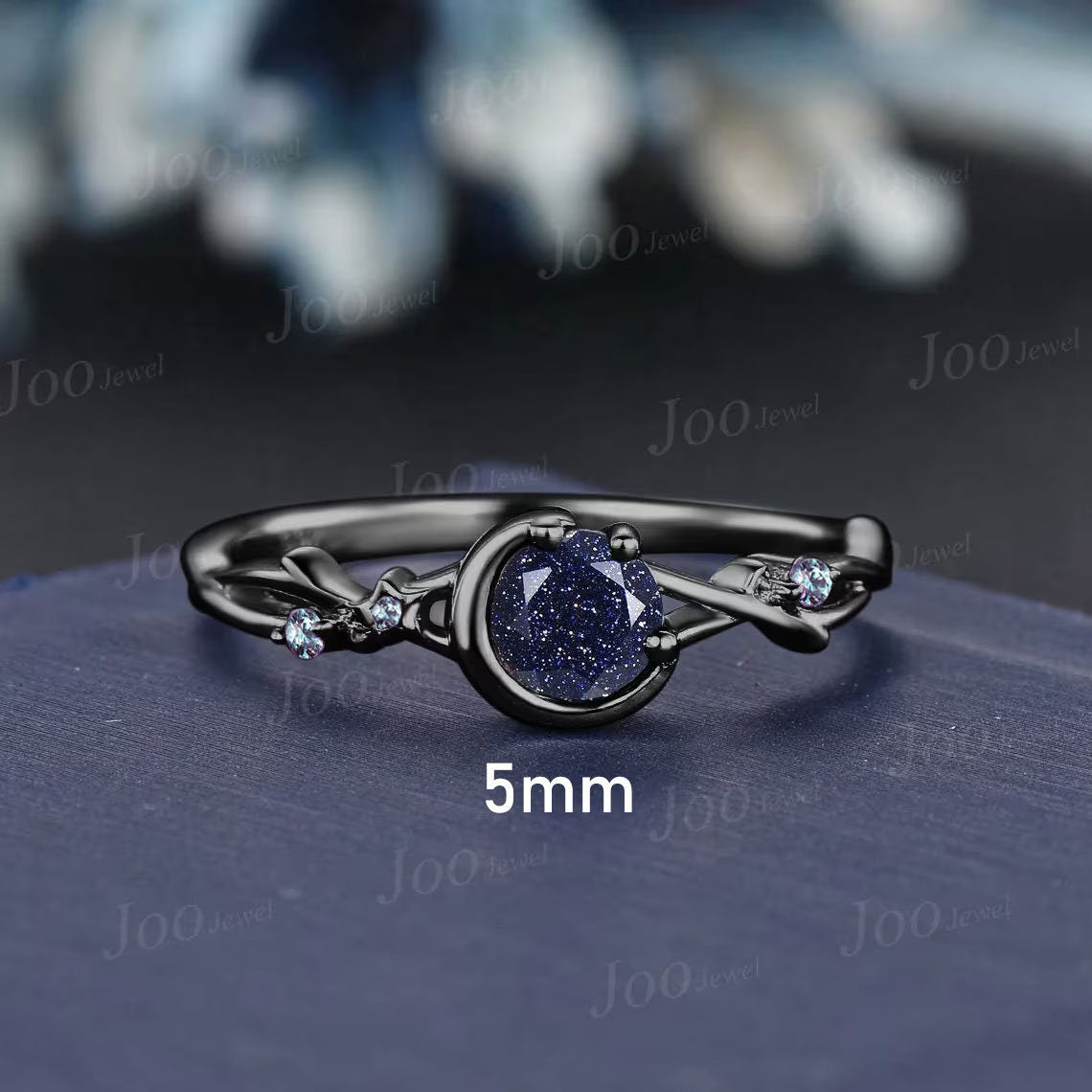 5mm/6.5mm Round Galaxy Blue Sandstone Moon Wedding Ring Starry Sky Cluster Alexandrite Twig Vine Blue Goldstone Ring Celestial Promise Ring