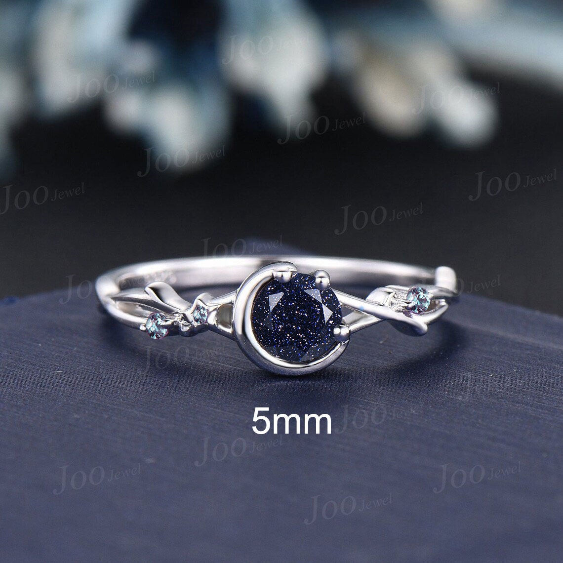 5mm/6.5mm Round Galaxy Blue Sandstone Moon Wedding Ring Starry Sky Cluster Alexandrite Twig Vine Blue Goldstone Ring Celestial Promise Ring