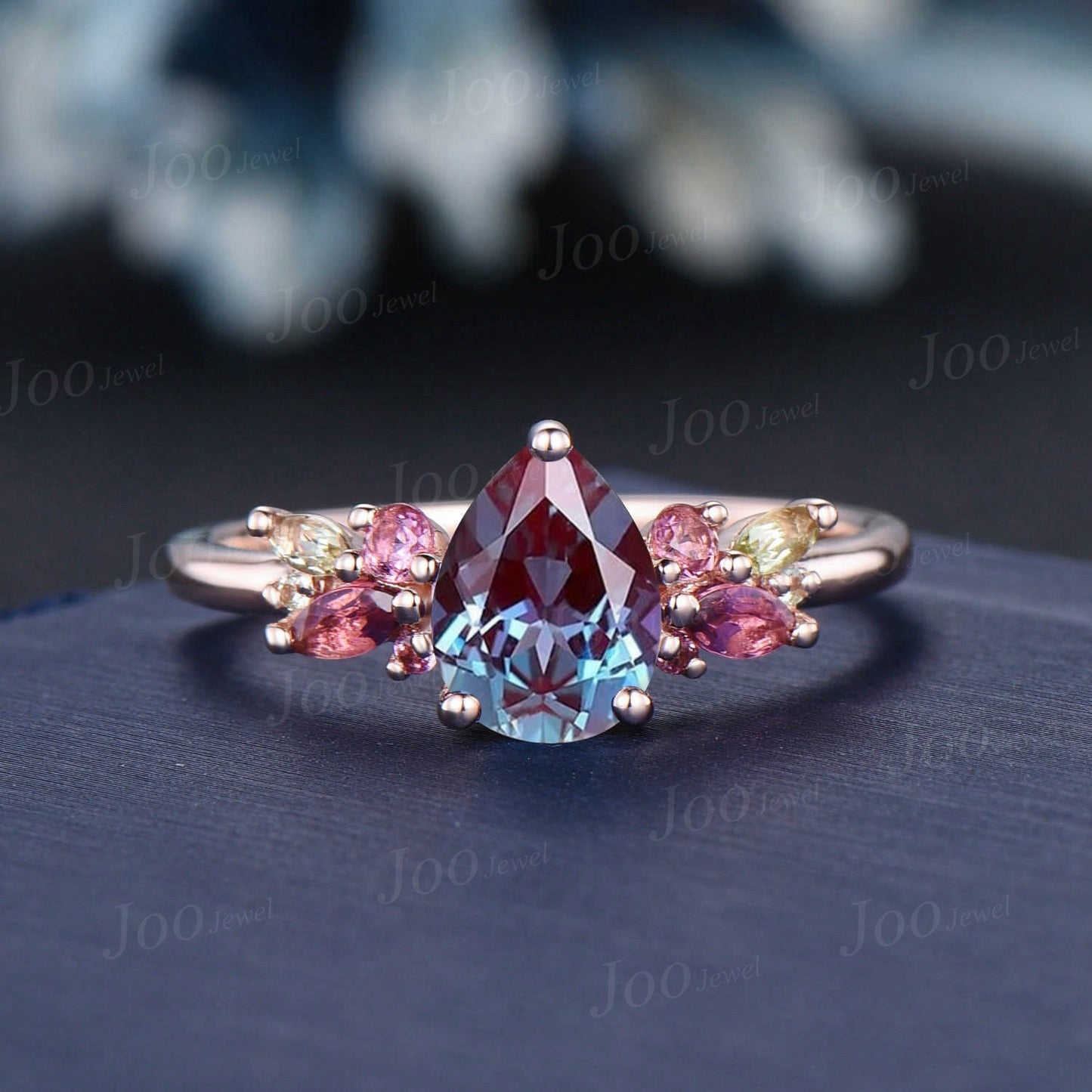1.25ct Pear Alexandrite Peridot Engagement Ring Cluster Branch Leaf Diamond Band Alexandrite Pink Tourmaline Bridal Set June Birthstone Gift