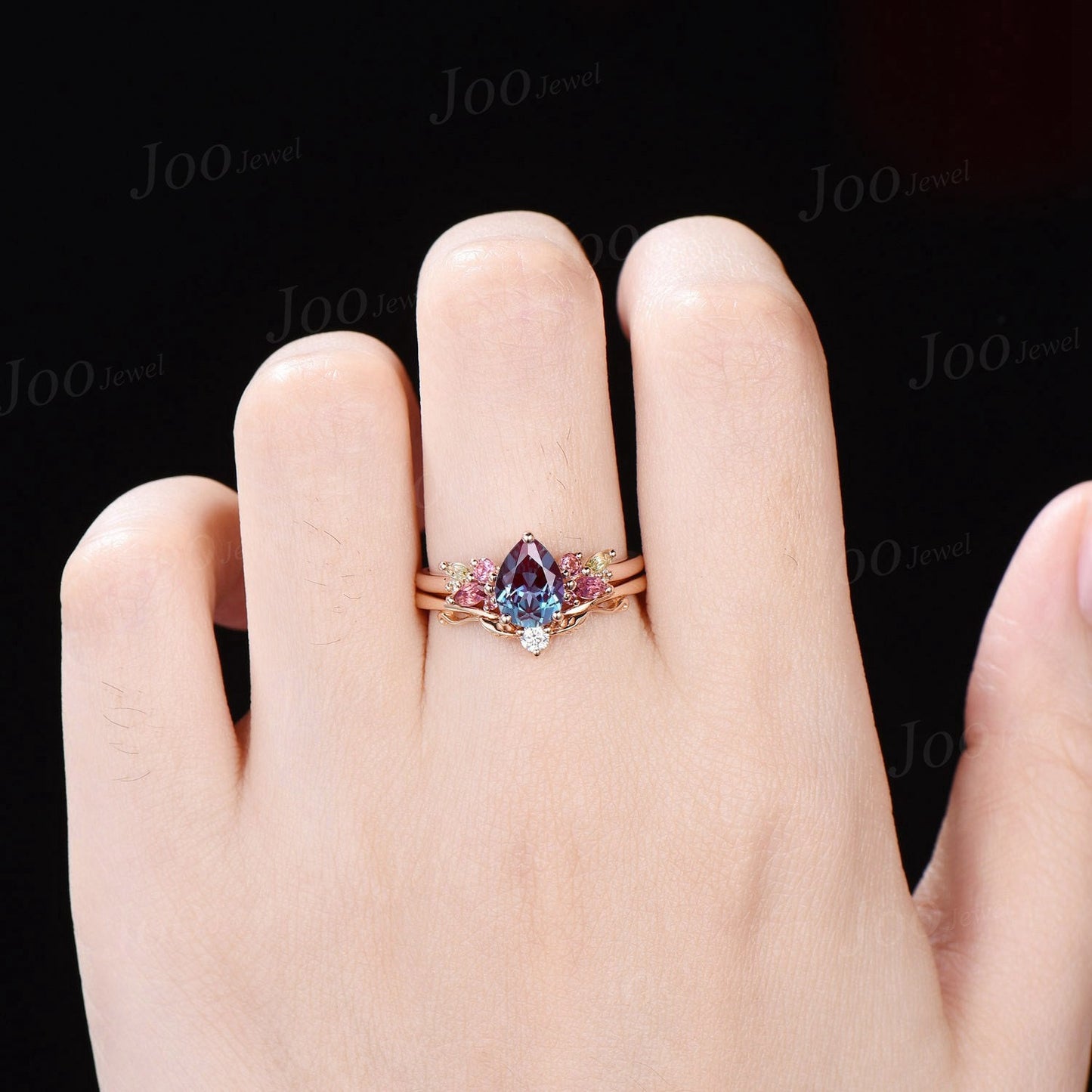 1.25ct Pear Alexandrite Peridot Engagement Ring Cluster Branch Leaf Diamond Band Alexandrite Pink Tourmaline Bridal Set June Birthstone Gift