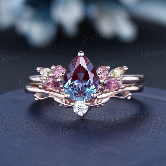 1.25ct Pear Alexandrite Peridot Engagement Ring Cluster Branch Leaf Diamond Band Alexandrite Pink Tourmaline Bridal Set June Birthstone Gift