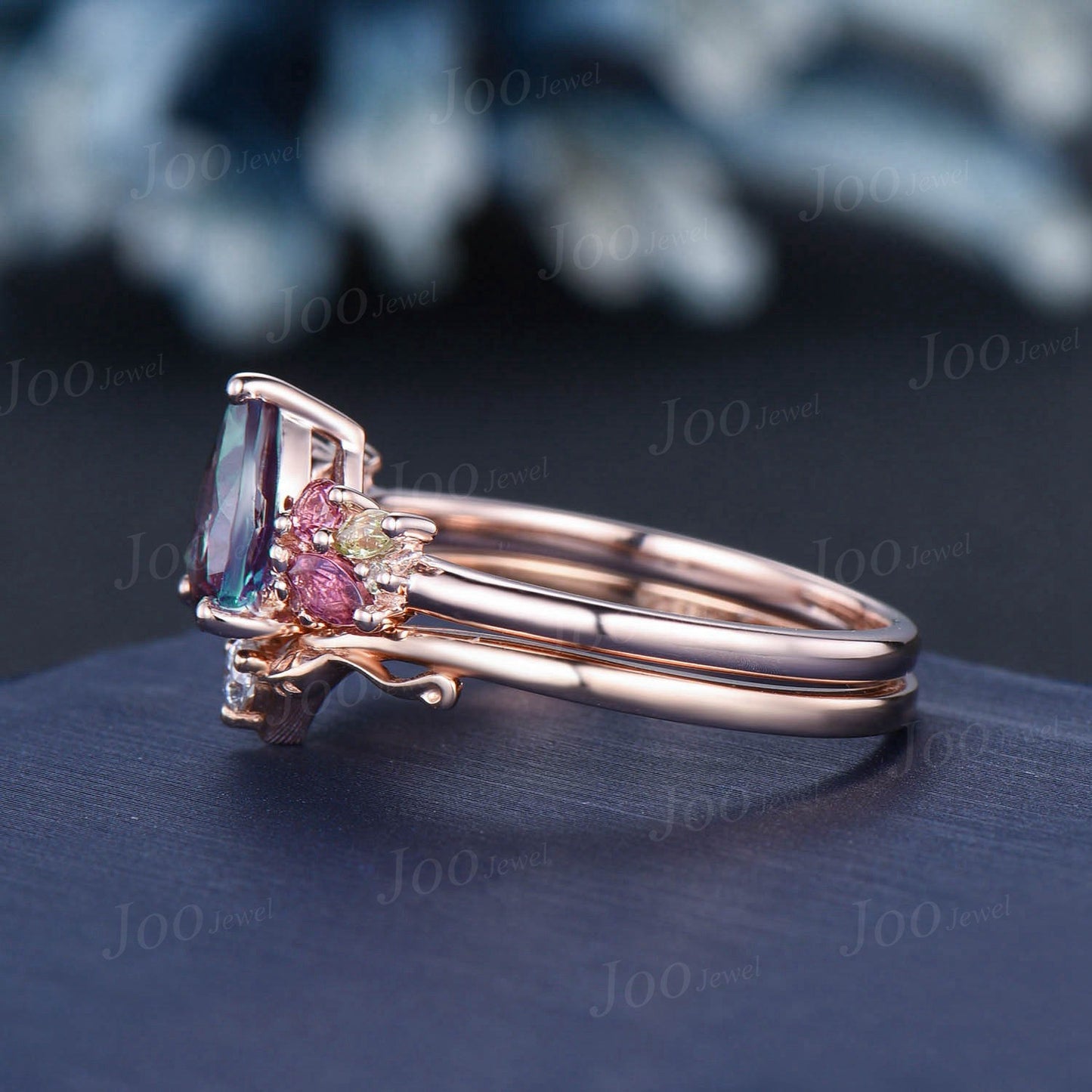 1.25ct Pear Alexandrite Peridot Engagement Ring Cluster Branch Leaf Diamond Band Alexandrite Pink Tourmaline Bridal Set June Birthstone Gift