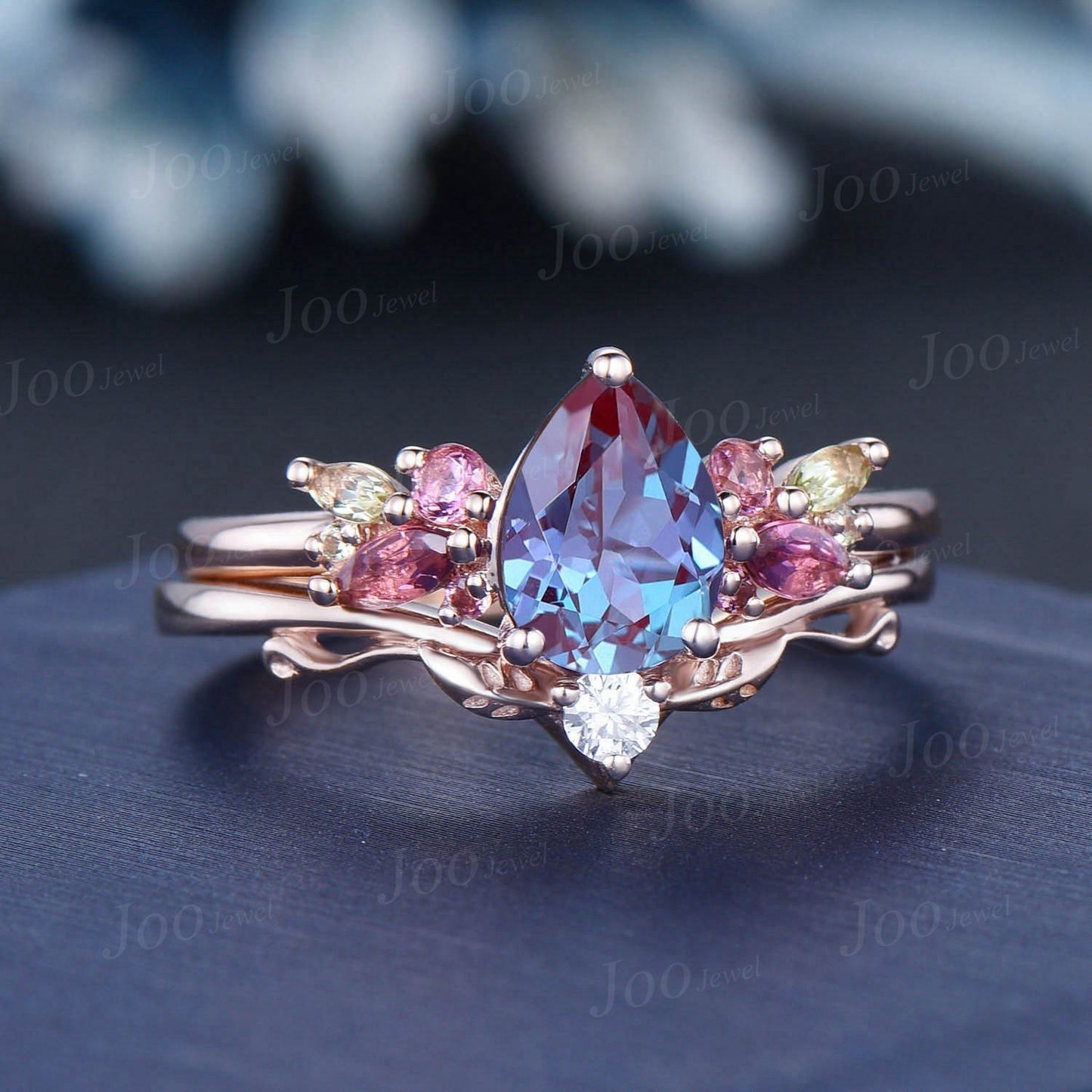 1.25ct Pear Alexandrite Peridot Engagement Ring Cluster Branch Leaf Diamond Band Alexandrite Pink Tourmaline Bridal Set June Birthstone Gift