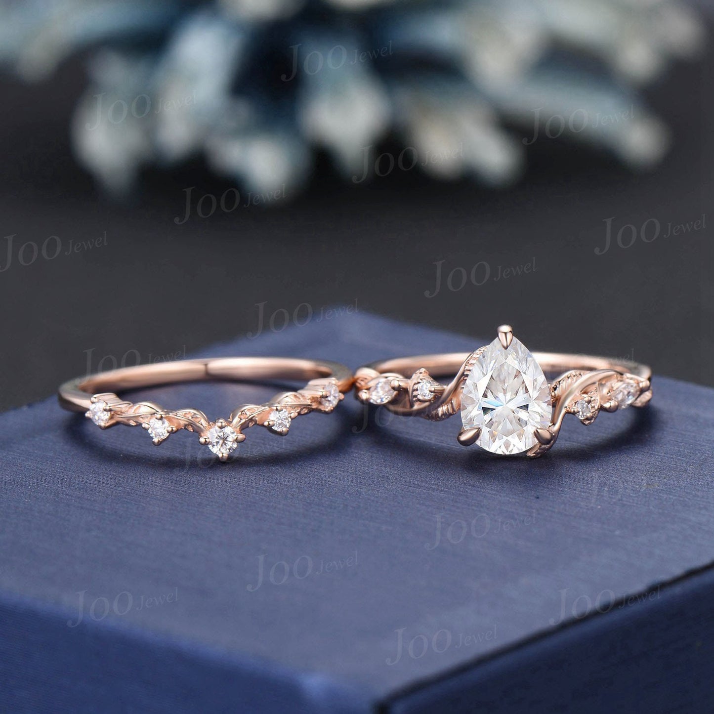 Nature Inspired Pear Moissanite Engagement Ring Set Twisted Vine Diamond Wedding Ring Teardrop Moissanite Bridal Set