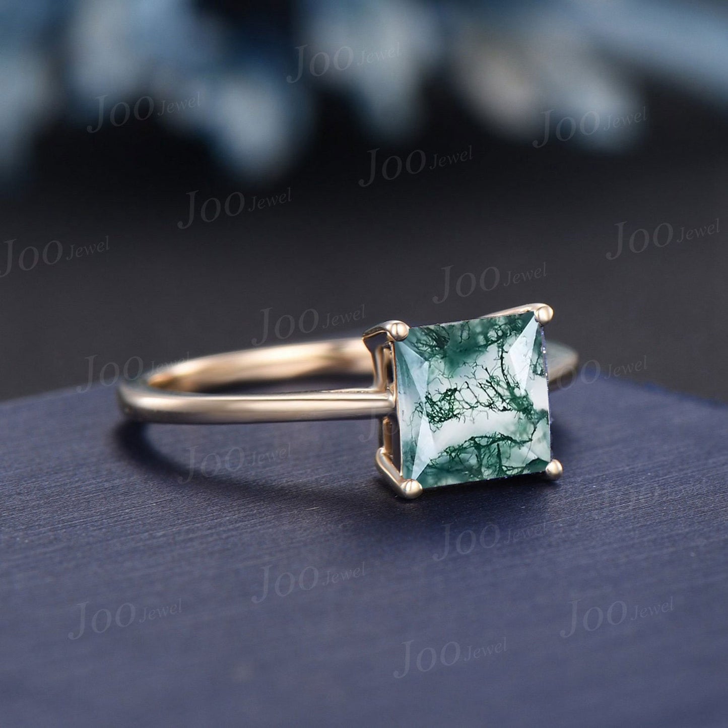 7mm Princess Cut Natural Moss Agate Engagement Ring Vintage Green Gemstone 14K Gold Simple Solitaire Wedding Rings Unique Anniversary Gifts