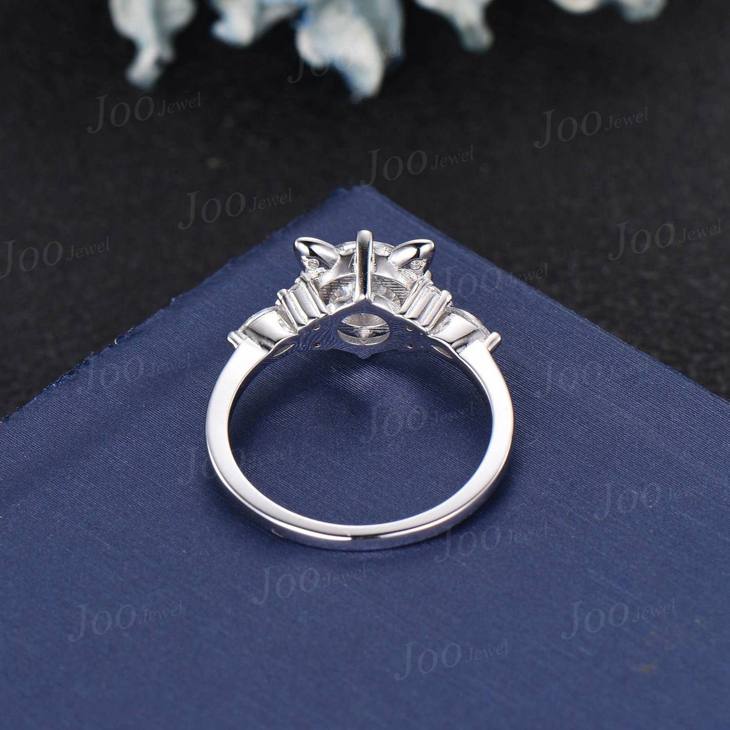 Cat Engagement Ring Silver Vintage 1.2ct Round Natural Moss Agate Moissanite Wedding Ring Peekaboo Kitten Green Gemstone Gifts for Cat Lover