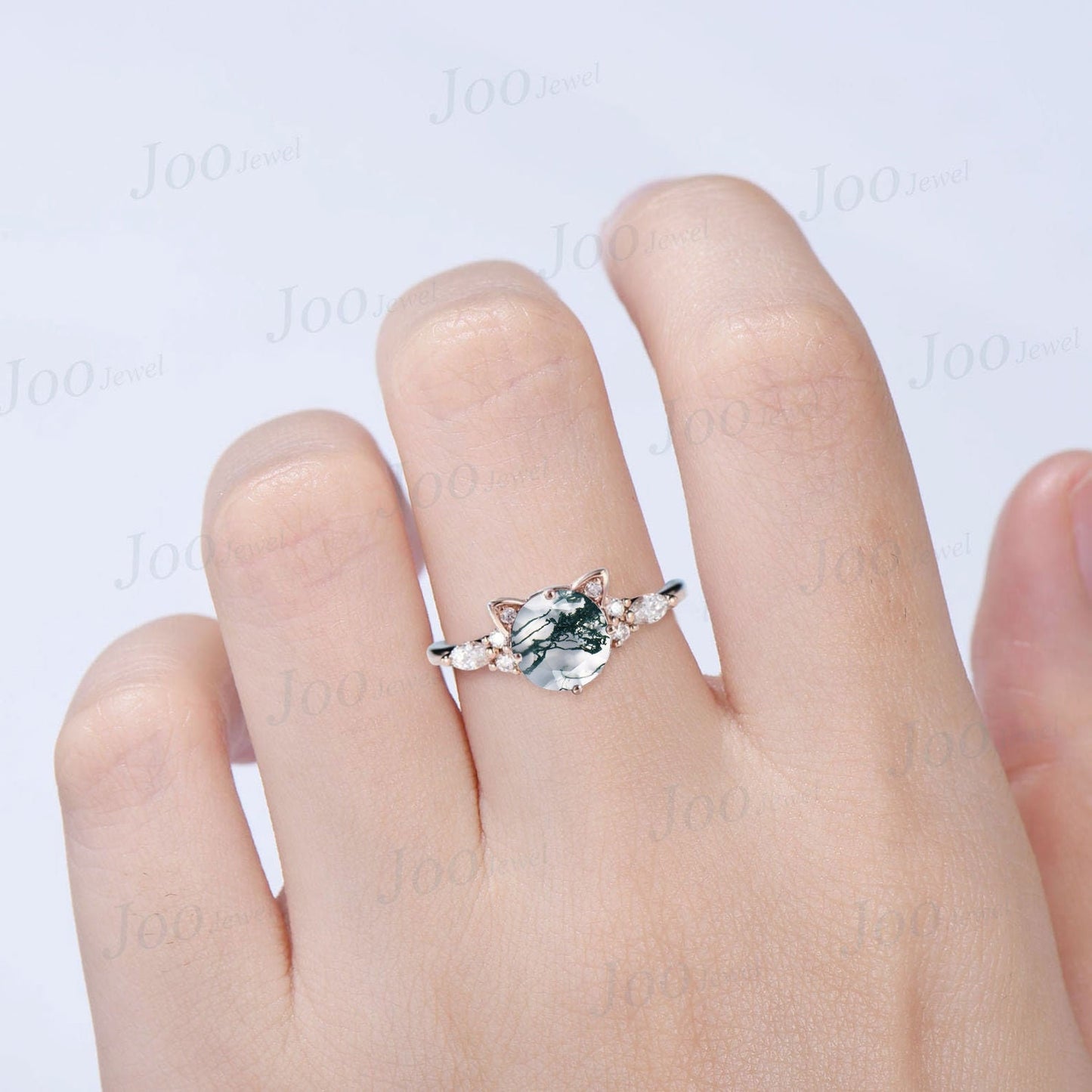 Cat Engagement Ring Silver Vintage 1.2ct Round Natural Moss Agate Moissanite Wedding Ring Peekaboo Kitten Green Gemstone Gifts for Cat Lover
