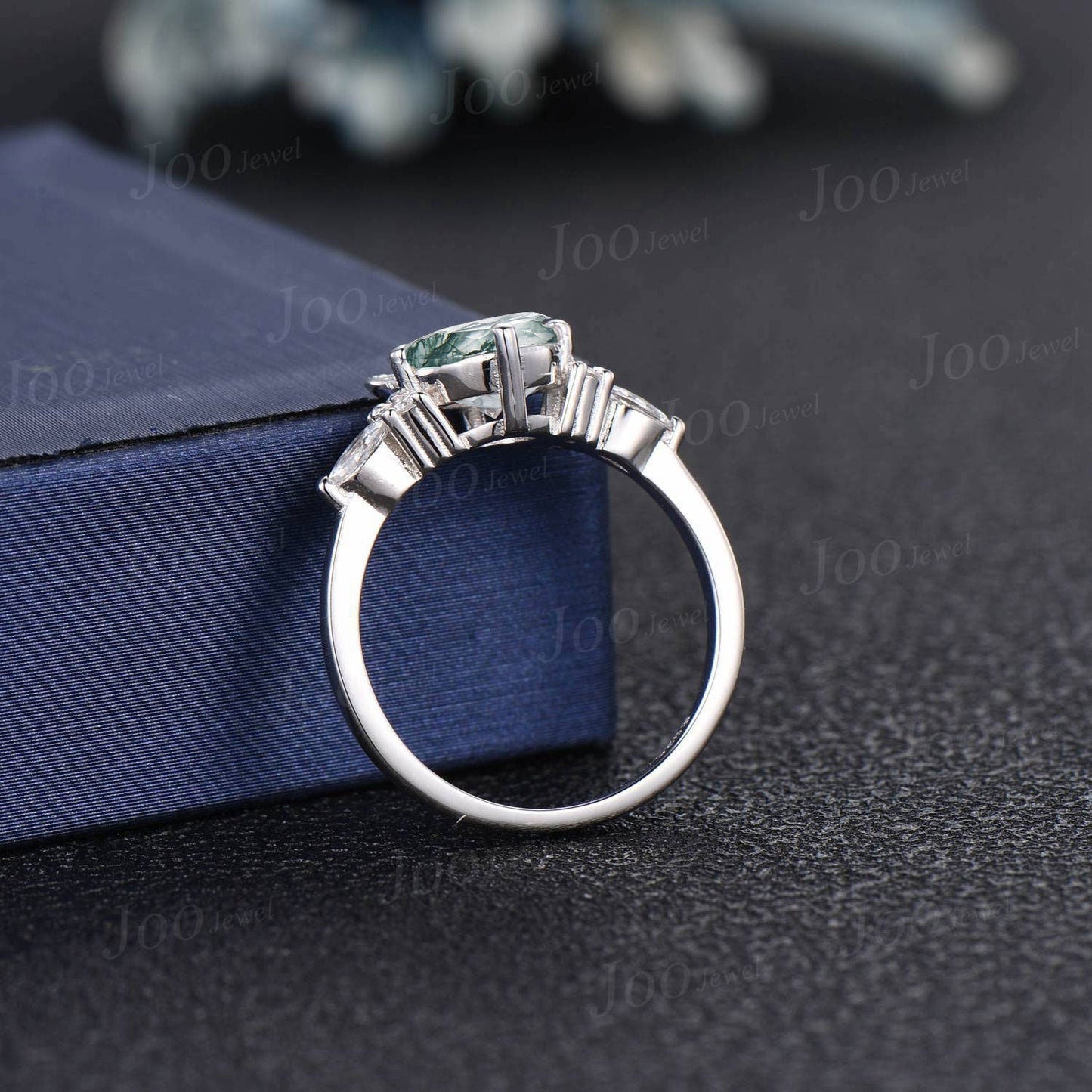 Cat Engagement Ring Silver Vintage 1.2ct Round Natural Moss Agate Moissanite Wedding Ring Peekaboo Kitten Green Gemstone Gifts for Cat Lover
