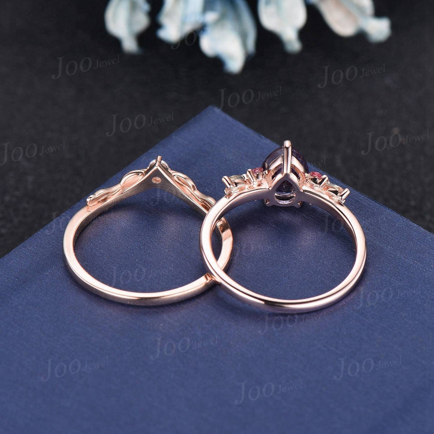 1.25ct Pear Alexandrite Peridot Engagement Ring Cluster Branch Leaf Diamond Band Alexandrite Pink Tourmaline Bridal Set June Birthstone Gift