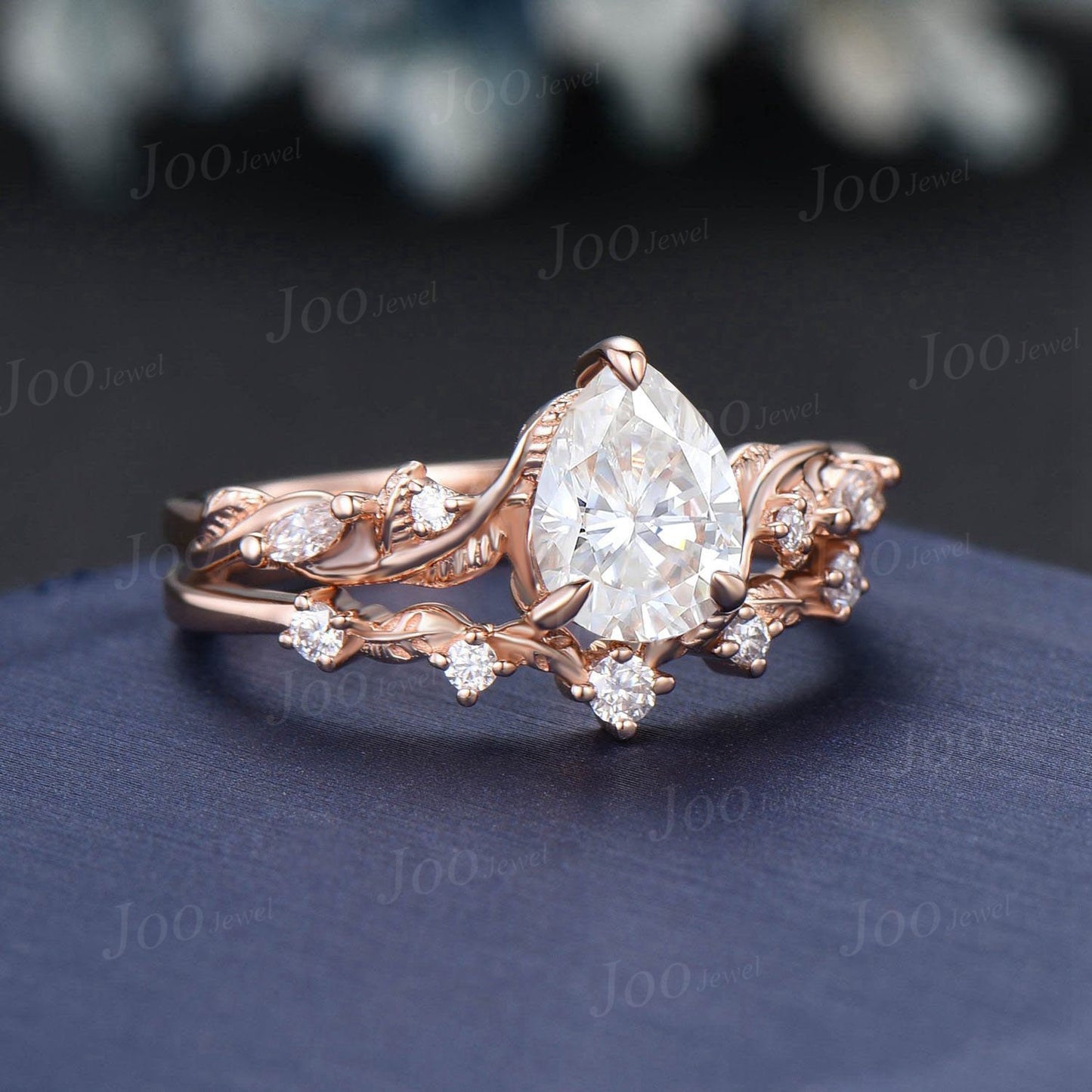 Nature Inspired Pear Moissanite Engagement Ring Set Twisted Vine Diamond Wedding Ring Teardrop Moissanite Bridal Set