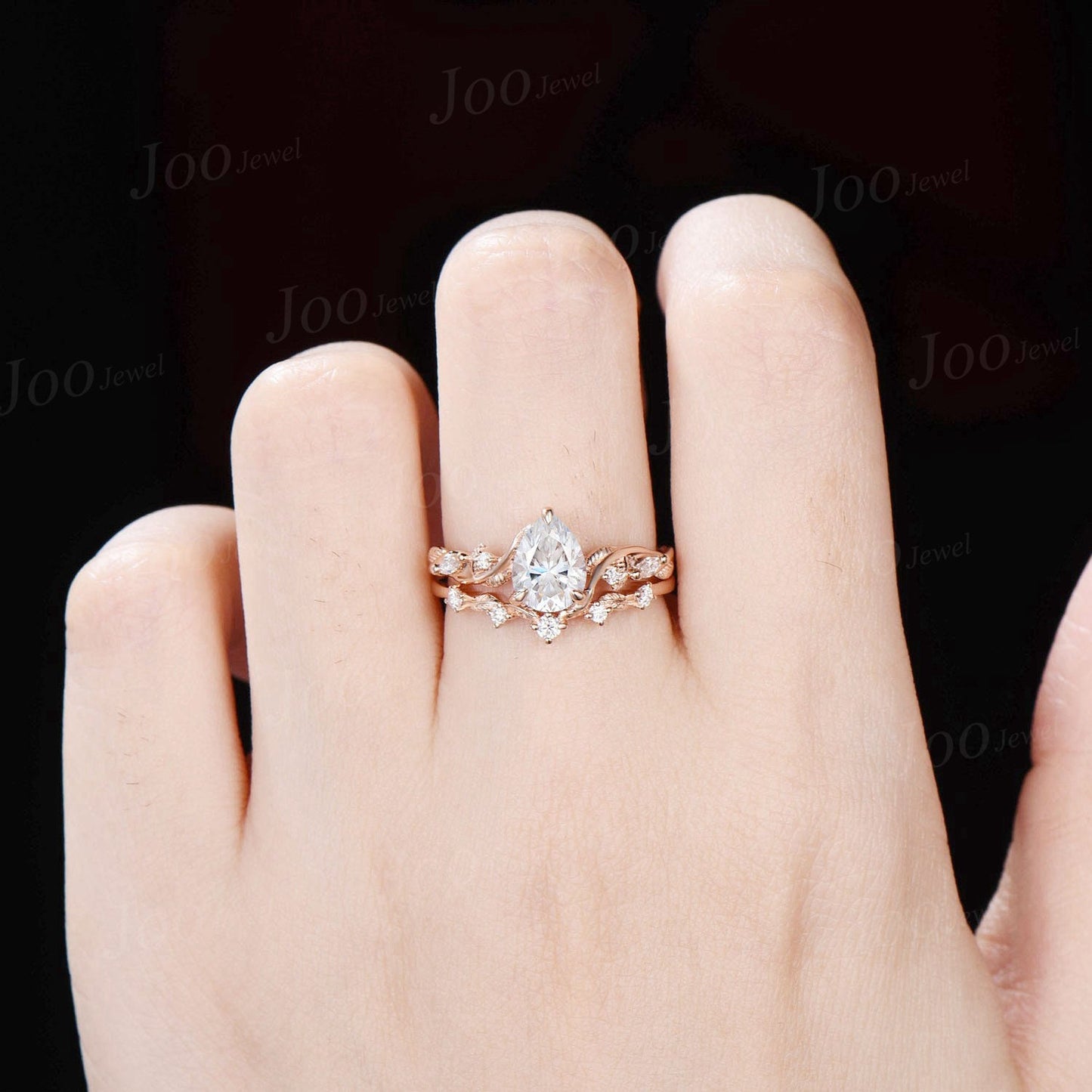Nature Inspired Pear Moissanite Engagement Ring Set Twisted Vine Diamond Wedding Ring Teardrop Moissanite Bridal Set