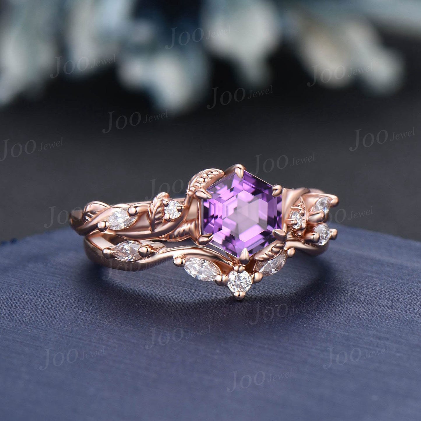 Hexagon Amethyst Engagement Ring Set Rose Gold Nature Inspired Moissanite Amethyst Wedding Ring Twisted Leaf Ring February Birthstone Gifts